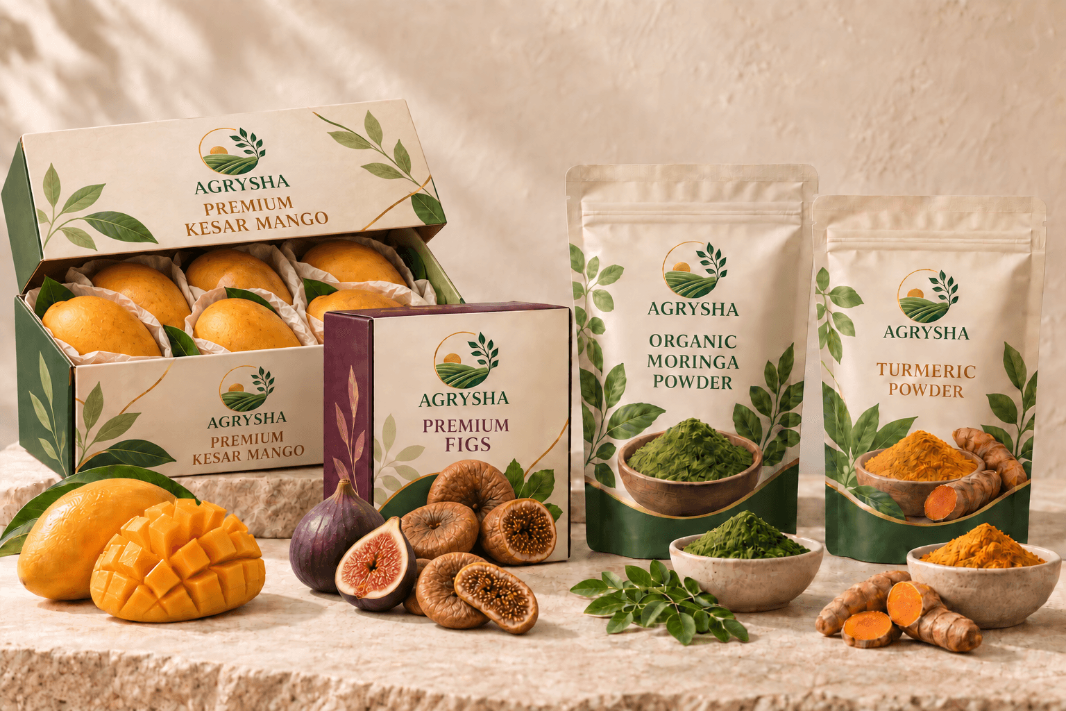 Agrysha Premium Kesar mango, Premium Figs, organic moringa powder and turmeric product collection